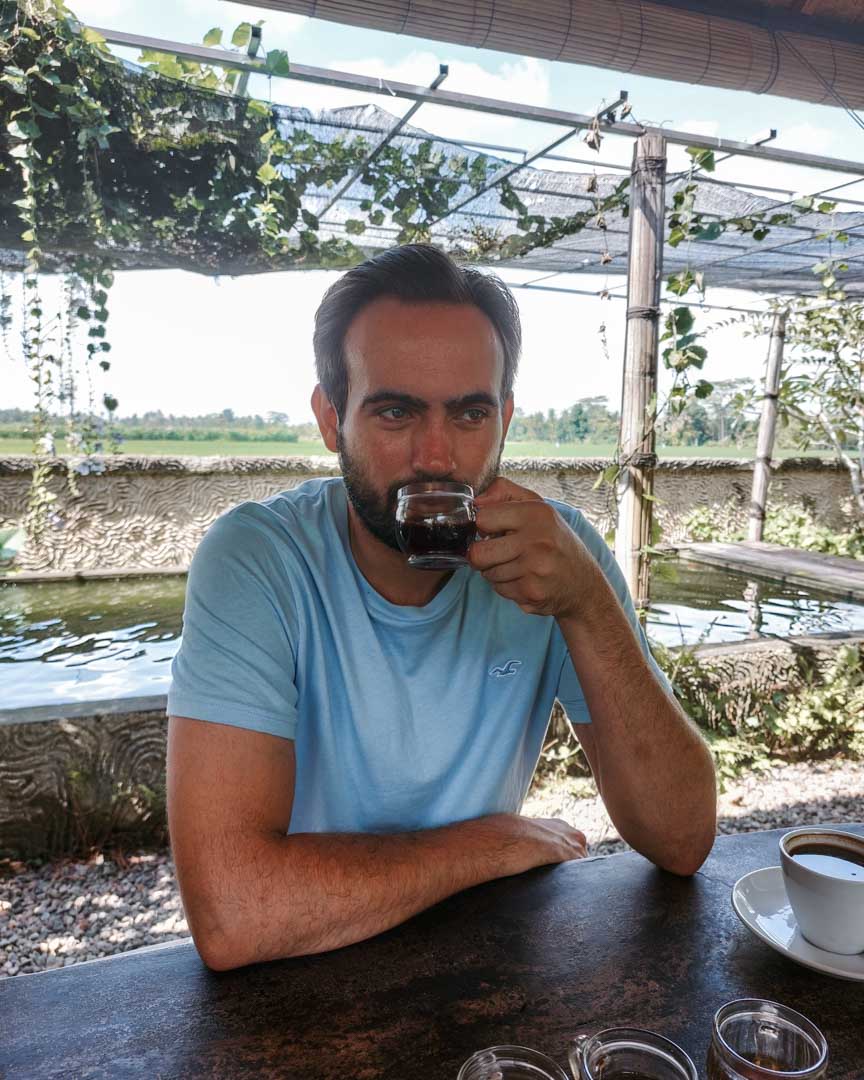 Drinking coffee at a Luwak coffee plantation in Bali